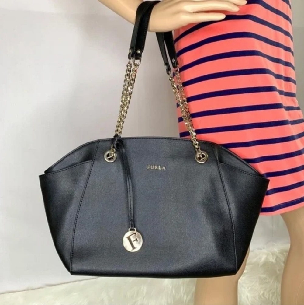 Euc - Furla Black Leather Tote Bag